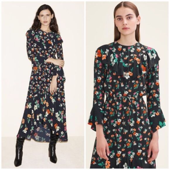Maje Dresses & Skirts - Maje Maxi Black Dress Floral Ruffle Long Sleeve Size S